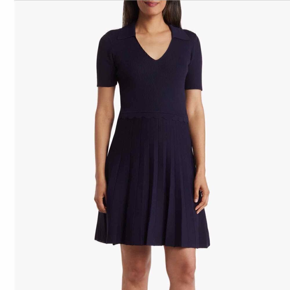 Eliza J Johnny Collar Short Sleeve Soft Knit Fit & Flare Dress Size XL Navy